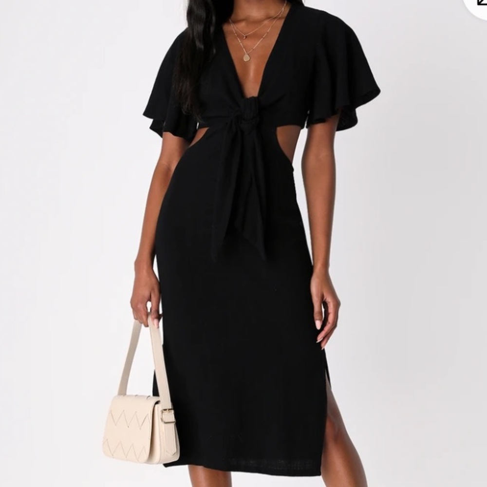 Lulus Women S Black Linen Blend Summer Journey Tie-Front Cutout Midi Dress NWT